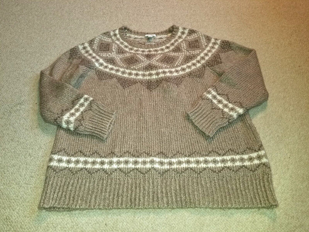 Womens Sweater-J. JILL-brown/off-white fair isle Nordic wool blend pullover ls-M